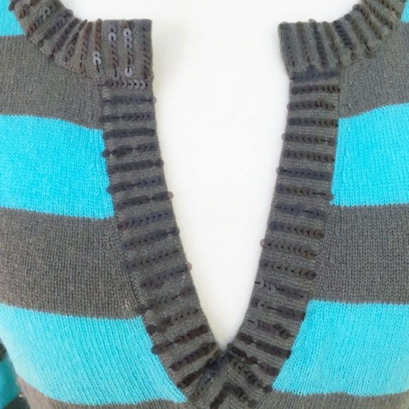 Autumn Cashmere 100% Stripe Beaded Long Sleeve Tunic Sweater Turquoise Gray - Picture 2 of 10